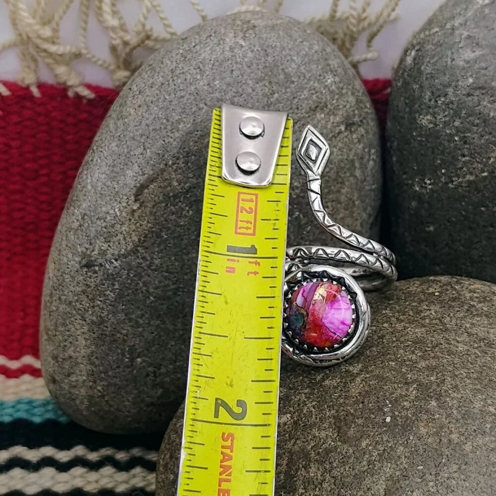 Coiled Rattlesnake Snake Ring Pink Dahlia Spiny Oyster Copper Turquoise Size 8 - Picture 3 of 6